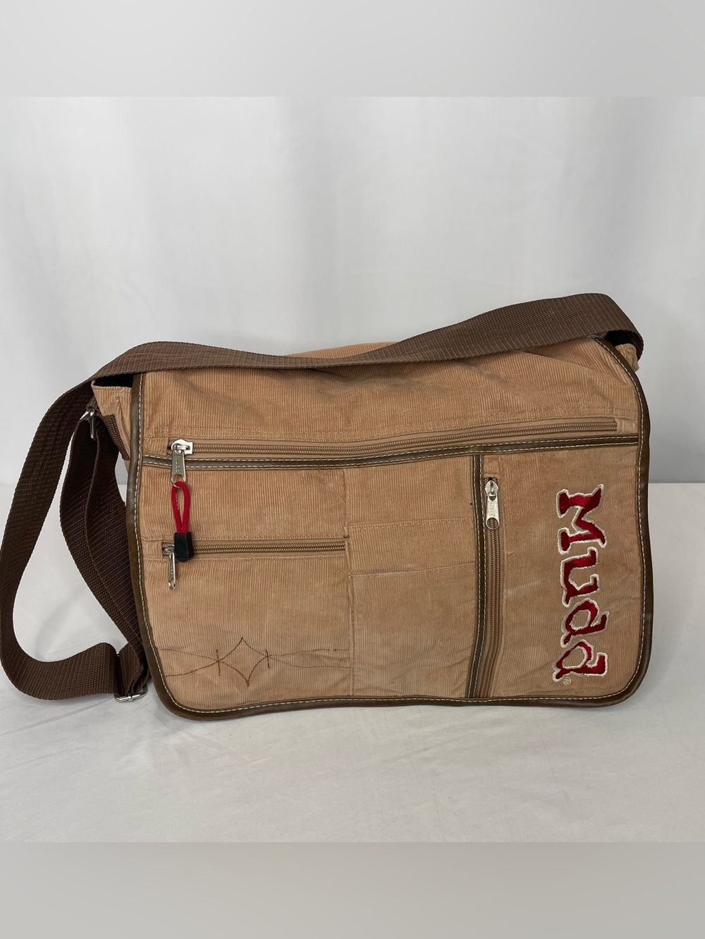 Vintage Y2K MUDD Corduroy Messenger Bag Brown Red Logo Shoulder Bag